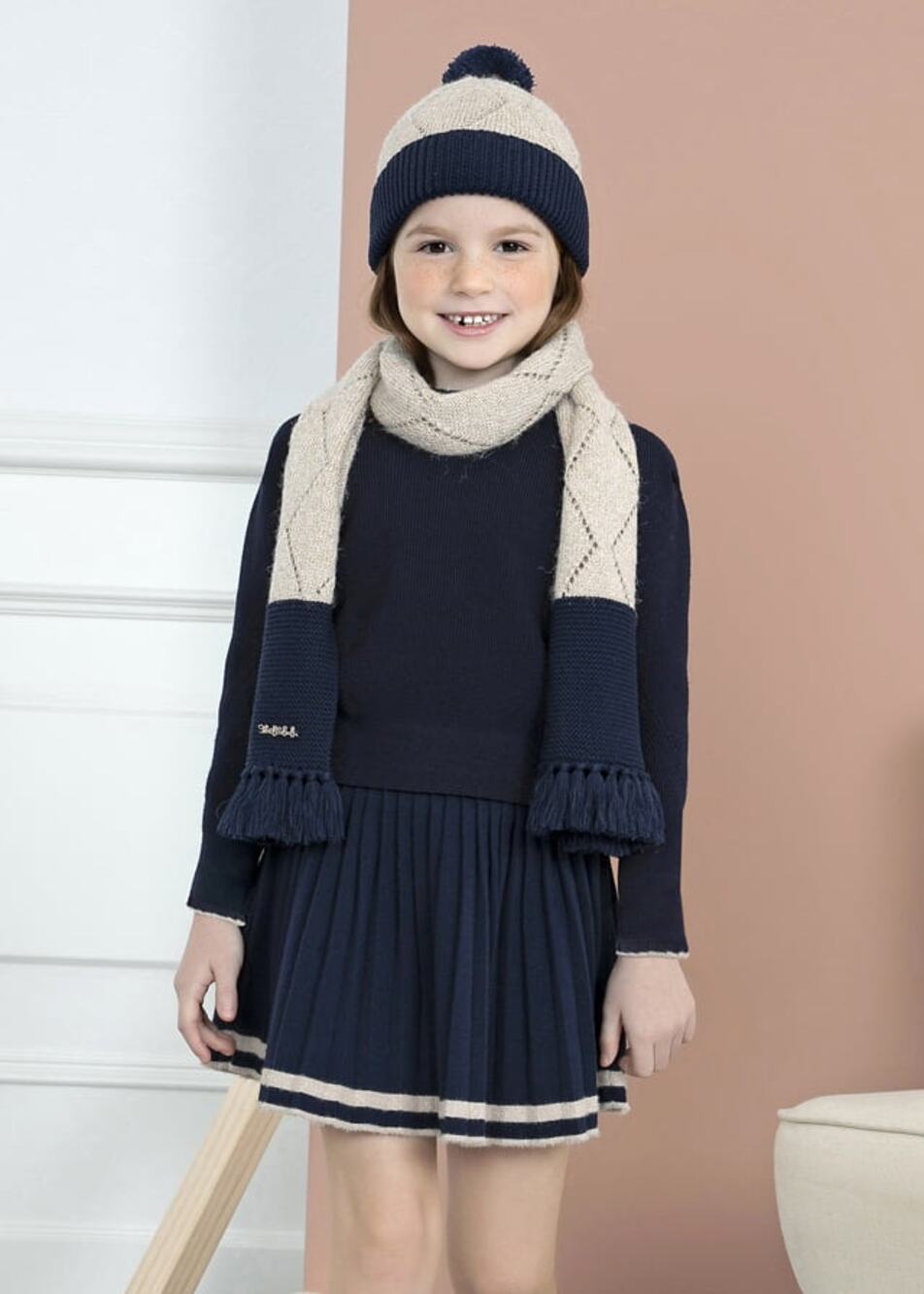 Abel & Lula Girls' Tricot Knit Long Sleeve Top & Pleated Skirt Set Navy Blue 7